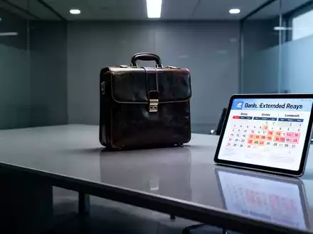 Ein einsamer Aktenkoffer auf einem leeren Schreibtisch, daneben ein Tablet mit einem Kalender, der drei Wochen Urlaub anzeigt. - Foto: über boerse-global.de