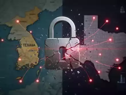 A digital padlock icon over a blurred map of South Korea and Texas, symbolizing data breaches. - Foto: über boerse-global.de