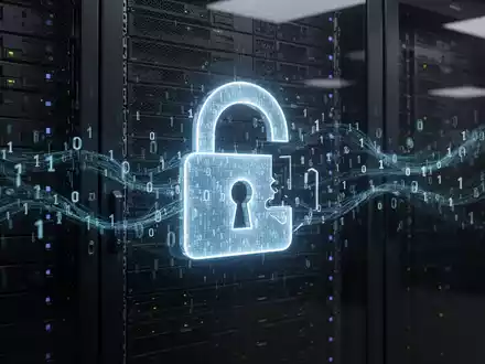 Ein stilisiertes, leuchtendes Vorhängeschloss-Symbol, umgeben von binärem Code, auf einem dunklen Server-Rack. - Foto: über boerse-global.de