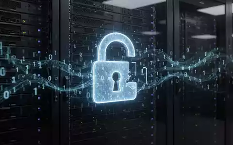 Ein stilisiertes, leuchtendes Vorhängeschloss-Symbol, umgeben von binärem Code, auf einem dunklen Server-Rack. - Foto: über boerse-global.de