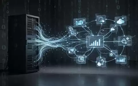 Stylized visual of data flowing from a compromised server to multiple digital platforms, representing a supply chain data breach. - Foto: über boerse-global.de