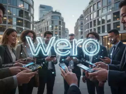 A stylized, glowing 'Wero' logo subtly overlaid on a blurred background of modern European architecture and people using mobile phones for payments. - Foto: über boerse-global.de