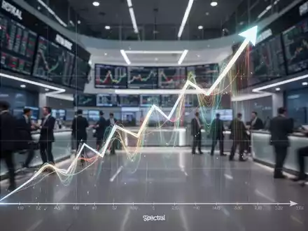 Ein stilisierter, stark ansteigender Finanzgraph mit spektralen Lichteffekten vor einem unscharfen modernen Handelsraum. - Foto: über boerse-global.de