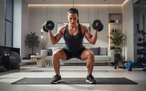 Eine Person führt Goblet Squats mit Kurzhanteln in einem modernen Heim-Fitnessstudio aus, Fokus auf die Technik. - Foto: über boerse-global.de