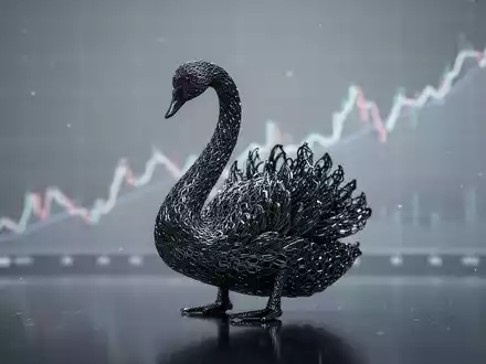 Ein stilisierter schwarzer Schwan aus Graphenmaterial auf einer reflektierenden Oberfläche vor einem unscharfen Aufwärtstrenddiagramm. - Foto: über boerse-global.de