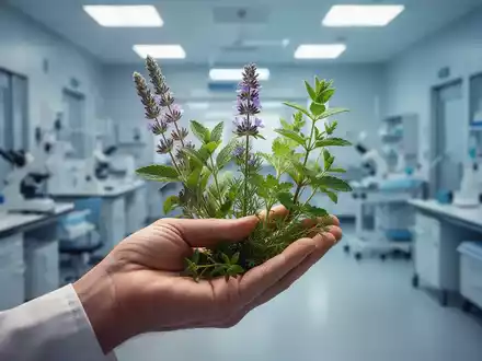 Eine Hand hält verschiedene Heilkräuter und Pflanzen, mit einem verschwommenen modernen Krankenhaus im Hintergrund. Symbolisiert Naturheilkunde und Forschung. - Foto: über boerse-global.de