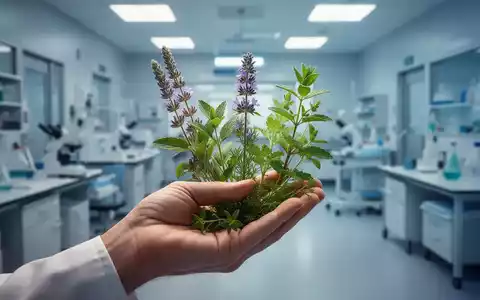 Eine Hand hält verschiedene Heilkräuter und Pflanzen, mit einem verschwommenen modernen Krankenhaus im Hintergrund. Symbolisiert Naturheilkunde und Forschung. - Foto: über boerse-global.de