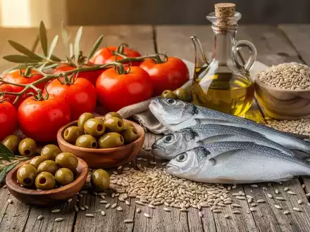Eine lebendige Stillleben-Anordnung frischer mediterraner Zutaten wie Tomaten, Oliven, Fisch, Vollkornprodukten und Olivenöl auf einem Holztisch. - Foto: über boerse-global.de