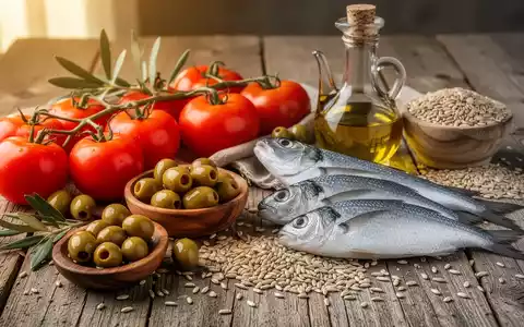 Eine lebendige Stillleben-Anordnung frischer mediterraner Zutaten wie Tomaten, Oliven, Fisch, Vollkornprodukten und Olivenöl auf einem Holztisch. - Foto: über boerse-global.de