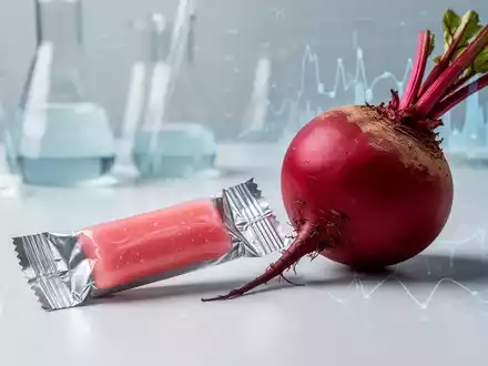 Ein zuckerhaltiger Kaugummi neben einer aufgeschnittenen roten Bete, mit einem angedeuteten wissenschaftlichen Hintergrund, der Forschung und Gesundheit symbolisiert. - Foto: über boerse-global.de