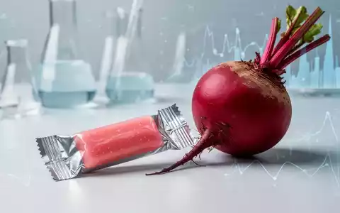 Ein zuckerhaltiger Kaugummi neben einer aufgeschnittenen roten Bete, mit einem angedeuteten wissenschaftlichen Hintergrund, der Forschung und Gesundheit symbolisiert. - Foto: über boerse-global.de
