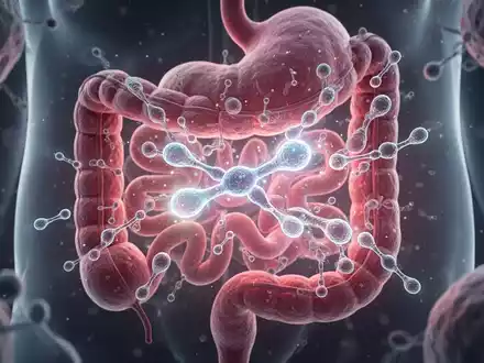 Nahaufnahme eines menschlichen Darmmikrobioms unter einem Mikroskop, das komplexe biologische Strukturen und zelluläre Aktivitäten zeigt. - Foto: über boerse-global.de