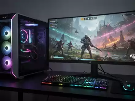 A high-end gaming PC setup with a desktop tower, ultrawide monitor, mechanical keyboard, and mouse. - Foto: über boerse-global.de
