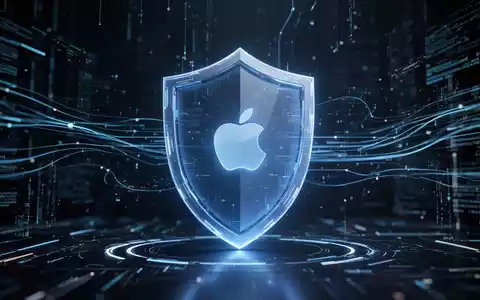 A glowing blue digital shield icon with a subtle Apple logo, surrounded by abstract data streams, symbolizing online privacy and security. - Foto: über boerse-global.de
