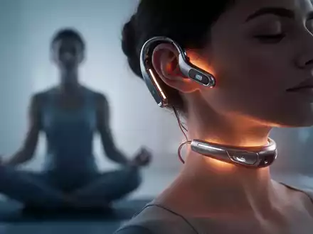 Ein futuristisches Wearable-Gerät leuchtet sanft nahe Ohr oder Nacken, im Hintergrund verschwommen eine Person in Konzentration. - Foto: über boerse-global.de