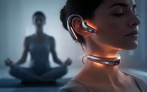 Ein futuristisches Wearable-Gerät leuchtet sanft nahe Ohr oder Nacken, im Hintergrund verschwommen eine Person in Konzentration. - Foto: über boerse-global.de
