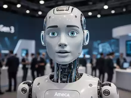 Close-up of the Ameca Desktop Gen 3 humanoid robot's expressive face and upper body, with a blurred tech conference in the background. - Foto: über boerse-global.de
