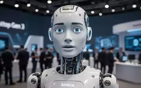 Close-up of the Ameca Desktop Gen 3 humanoid robot's expressive face and upper body, with a blurred tech conference in the background. - Foto: über boerse-global.de