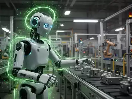 A humanoid robot with glowing green safety lines operates in a modern industrial setting, symbolizing advanced AI safety in robotics. - Foto: über boerse-global.de