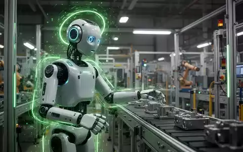 A humanoid robot with glowing green safety lines operates in a modern industrial setting, symbolizing advanced AI safety in robotics. - Foto: über boerse-global.de
