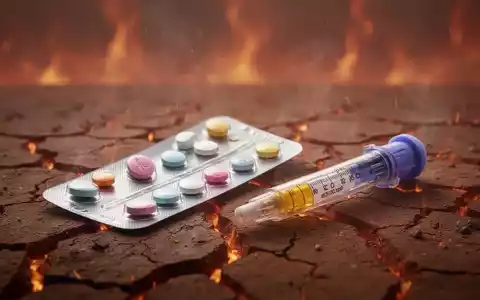 Blisterpackung mit Pillen und Insulinpen auf einer heissen, rissigen Oberfläche, die Hitze und Medikamente symbolisiert. - Foto: über boerse-global.de