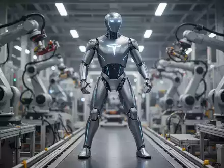 A Tesla Optimus humanoid robot stands on an assembly line in a futuristic factory, symbolizing advanced manufacturing and AI. - Foto: über boerse-global.de