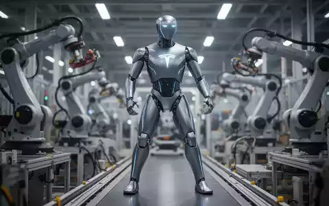 A Tesla Optimus humanoid robot stands on an assembly line in a futuristic factory, symbolizing advanced manufacturing and AI. - Foto: über boerse-global.de
