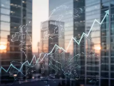 Eine Finanzgrafik zeigt einen Aufwärtstrend vor dem Hintergrund einer stilisierten Europakarte und modernen Bürogebäuden. - Foto: über boerse-global.de