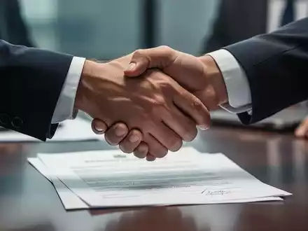 Zwei Hände im Anzug schütteln sich über einem Verhandlungstisch, ein Vertrag im Hintergrund. Symbolisiert Tarifverhandlungen im Bankensektor. - Foto: über boerse-global.de