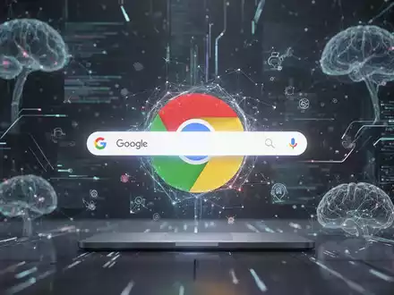 A close-up of a futuristic Google Chrome browser with a glowing, floating search bar, symbolizing AI integration and interface redesign. - Foto: über boerse-global.de