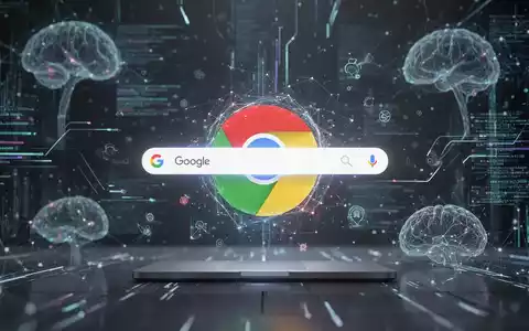 A close-up of a futuristic Google Chrome browser with a glowing, floating search bar, symbolizing AI integration and interface redesign. - Foto: über boerse-global.de