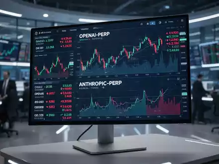 A futuristic trading interface showing digital charts and tickers for OpenAI and Anthropic, with a blurred financial trading floor in the background. - Foto: über boerse-global.de