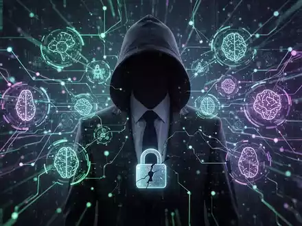 A shadowy figure in a suit stands before a complex, glowing digital network with AI symbols, representing enterprise identity security gaps and vulnerabilities. - Foto: über boerse-global.de