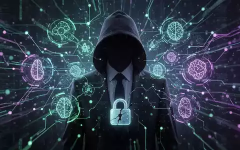 A shadowy figure in a suit stands before a complex, glowing digital network with AI symbols, representing enterprise identity security gaps and vulnerabilities. - Foto: über boerse-global.de