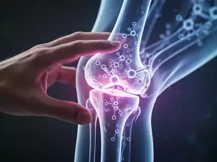 Eine Nahaufnahme einer Hand, die ein leuchtendes, durchscheinendes Kniegelenkmodell berührt, das molekulare Strukturen hervorhebt. - Foto: über boerse-global.de