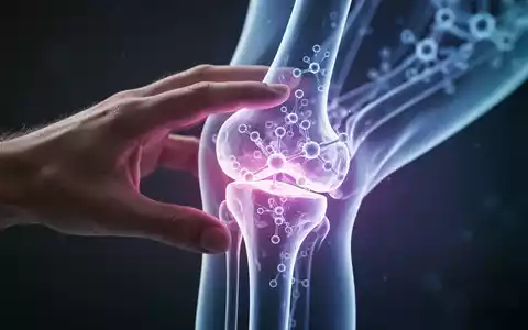 Eine Nahaufnahme einer Hand, die ein leuchtendes, durchscheinendes Kniegelenkmodell berührt, das molekulare Strukturen hervorhebt. - Foto: über boerse-global.de