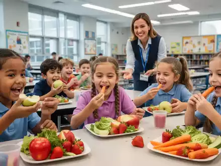 Kinder essen an einem Tisch frisches Obst und Gemüse in einer hellen Schulkantine, eine Lehrperson lächelt im Hintergrund. - Foto: über boerse-global.de