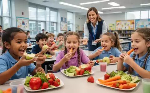 Kinder essen an einem Tisch frisches Obst und Gemüse in einer hellen Schulkantine, eine Lehrperson lächelt im Hintergrund. - Foto: über boerse-global.de