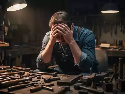 Ein Handwerker sitzt nachdenklich mit dem Kopf in den Händen in einer Werkstatt, umgeben von Werkzeugen, was psychische Belastung darstellt. - Foto: über boerse-global.de