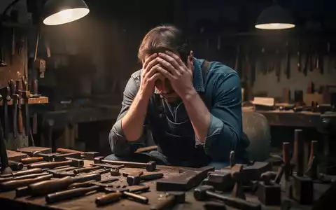 Ein Handwerker sitzt nachdenklich mit dem Kopf in den Händen in einer Werkstatt, umgeben von Werkzeugen, was psychische Belastung darstellt. - Foto: über boerse-global.de