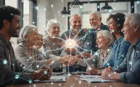 Ein stilisiertes, leuchtendes neuronales Netzwerk über einer Gruppe von Menschen, die positiv interagieren und Verbundenheit zeigen. - Foto: über boerse-global.de