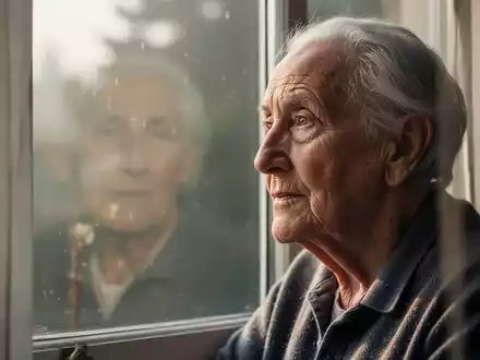 Ein älterer Mensch blickt nachdenklich aus einem Fenster, weiches Morgenlicht, das eine ruhige und introspektive Stimmung erzeugt. - Foto: über boerse-global.de