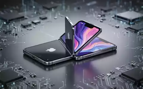 A sleek, half-open foldable smartphone with a vibrant screen, subtly displaying an Apple logo, surrounded by abstract tech elements. - Foto: über boerse-global.de