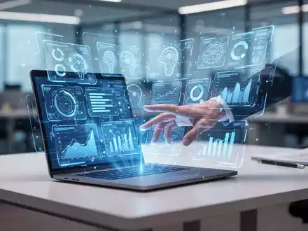 A futuristic office desk with a laptop projecting holographic AI interfaces, a hand interacting with the display. - Foto: über boerse-global.de