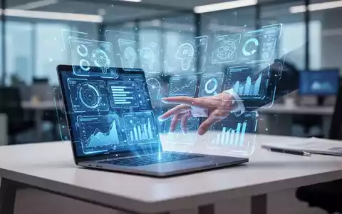 A futuristic office desk with a laptop projecting holographic AI interfaces, a hand interacting with the display. - Foto: über boerse-global.de