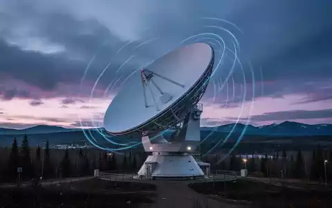 Ein modernes Radarsystem vor einer kanadischen Landschaft bei Sonnenuntergang, das blaue Lichtwellen aussendet. - Foto: über boerse-global.de