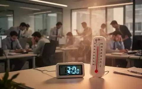 An overheated office environment with blurred workers in the background, a digital thermometer in the foreground shows a high temperature. - Foto: über boerse-global.de