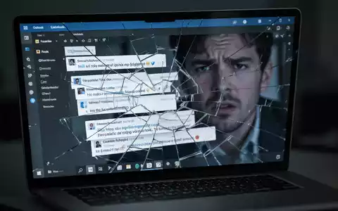 A close-up of a laptop screen showing a broken email thread in Outlook, with jumbled messages and a reflection of a frustrated user. - Foto: über boerse-global.de
