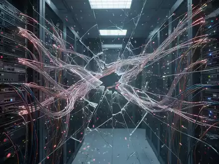 A close-up of tangled fiber optic cables and glowing data streams in a dark data center, symbolizing internet disruption. - Foto: über boerse-global.de
