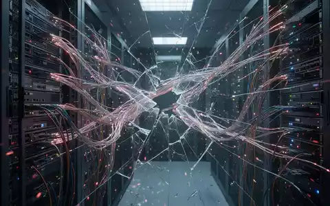 A close-up of tangled fiber optic cables and glowing data streams in a dark data center, symbolizing internet disruption. - Foto: über boerse-global.de